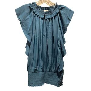 Ramy Brook blue split neck women's ruffle cap sleeve smocked top blue size M